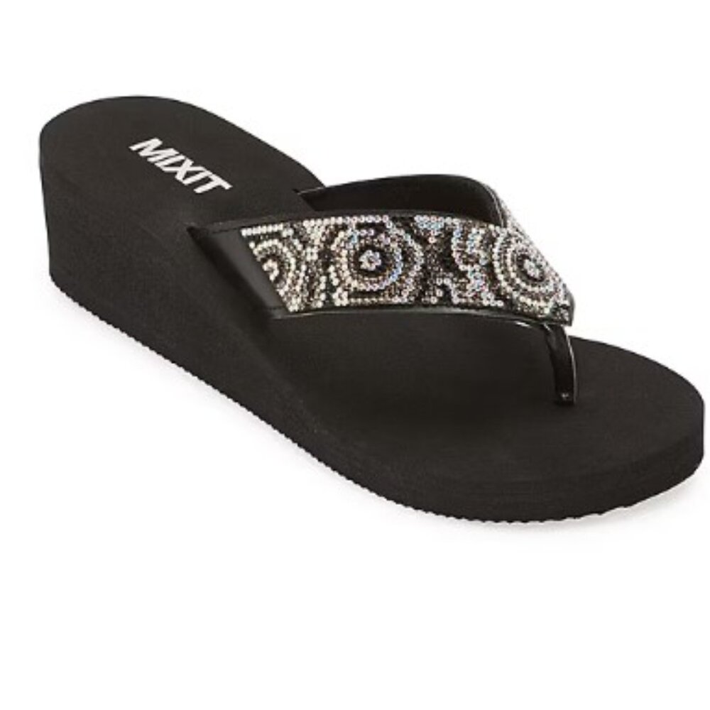 Mixit - Women's Rose Wedge Sandals in Black Beading